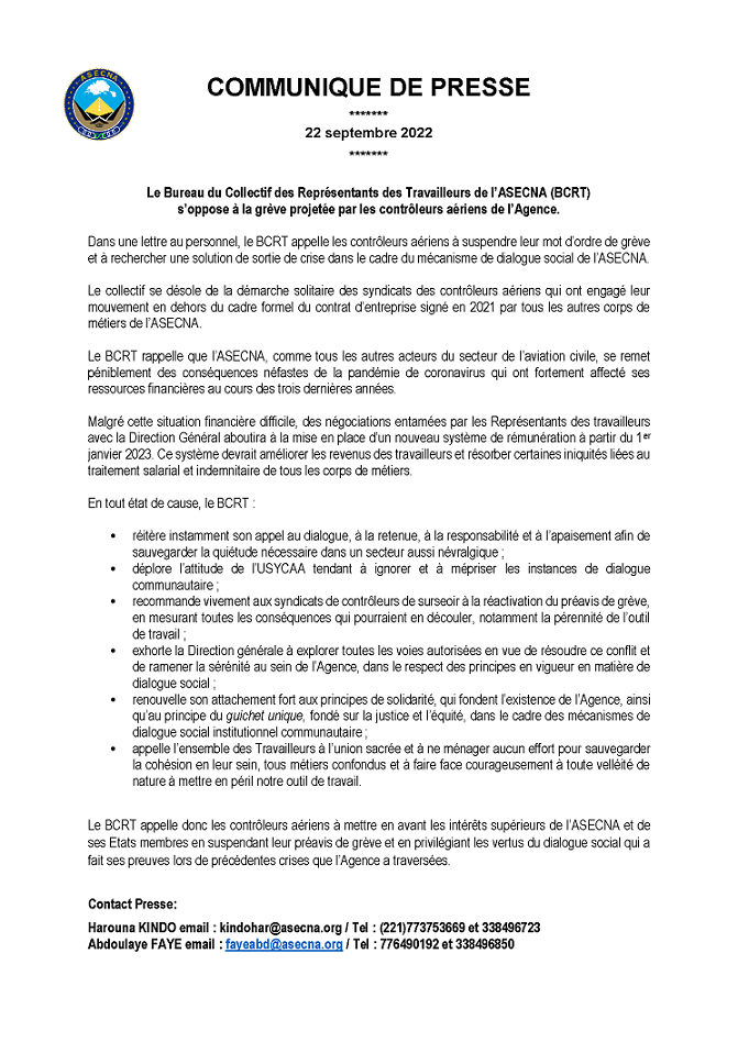 communique de presse Le Bureau du Collectif des Représentants des Travailleurs de l’ASECNA (BCRT) s’oppose à la grève projetée par les contrôleurs aériens de l’Agence