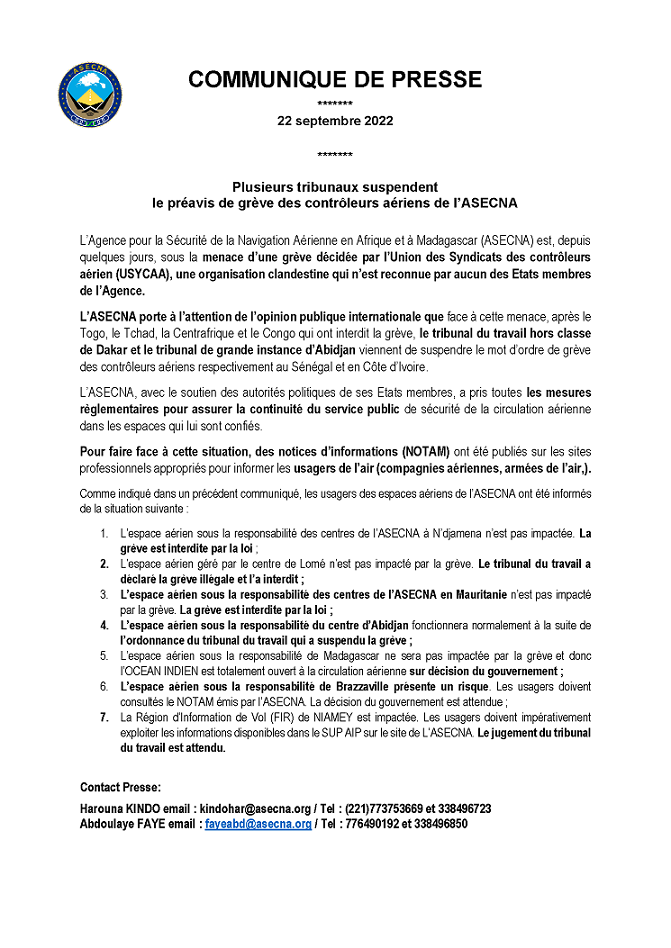 communique de presse Plusieurs tribunaux suspendent le préavis de grève des contrôleurs aériens de l’ASECNA