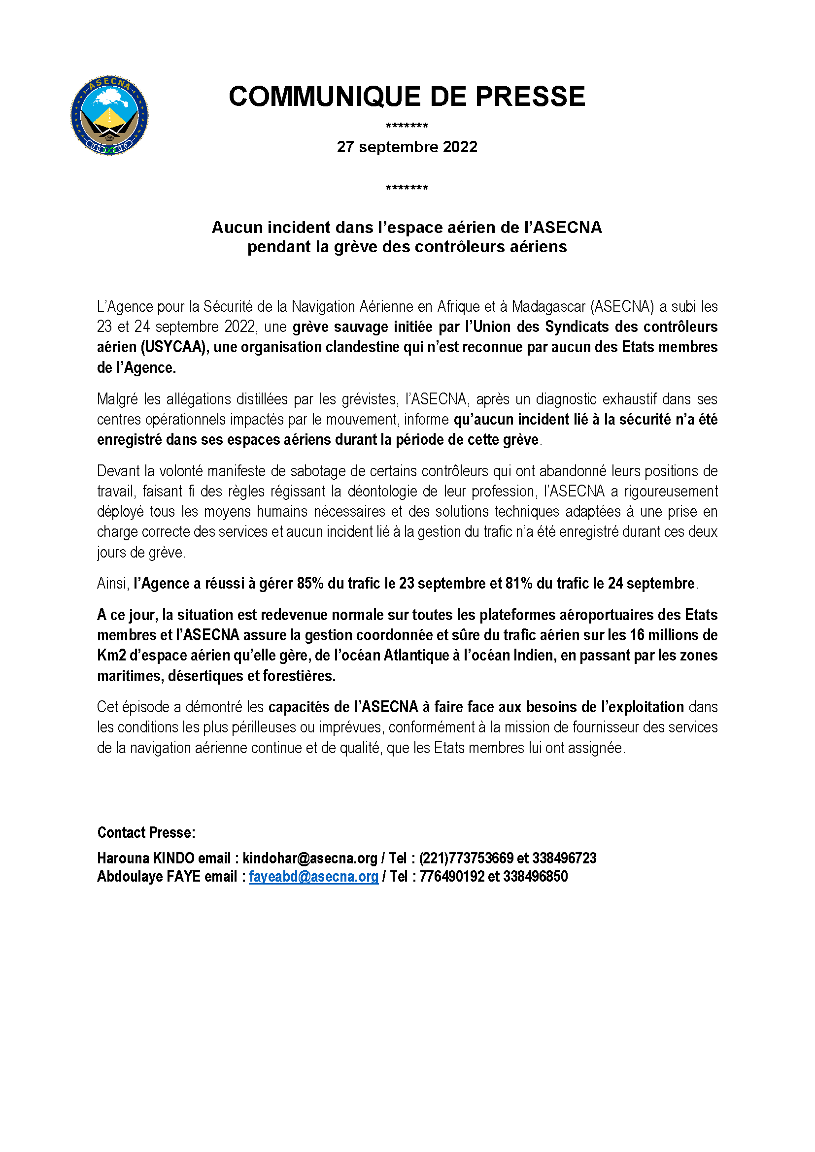 communique de presse Aucun incident dans l’espace aérien de l’ASECNA pendant la grève des contrôleurs aériens